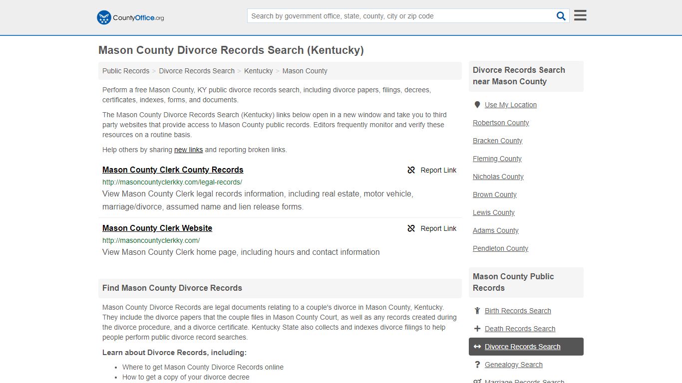 Divorce Records Search - Mason County, KY (Divorce ...